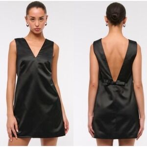Abercrombie Fitch Plunge Black Satin V Neck Bow Open Back Mini Dress Small Tall